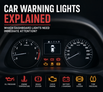 Car dashboard warning lights explained, showing oil pressure, engine temperature, brake, check engine, battery, ABS and tyre pressure warning symbols.