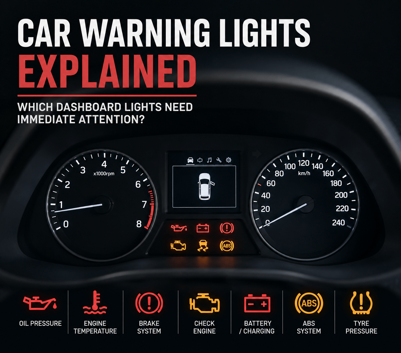 Car dashboard warning lights explained, showing oil pressure, engine temperature, brake, check engine, battery, ABS and tyre pressure warning symbols.