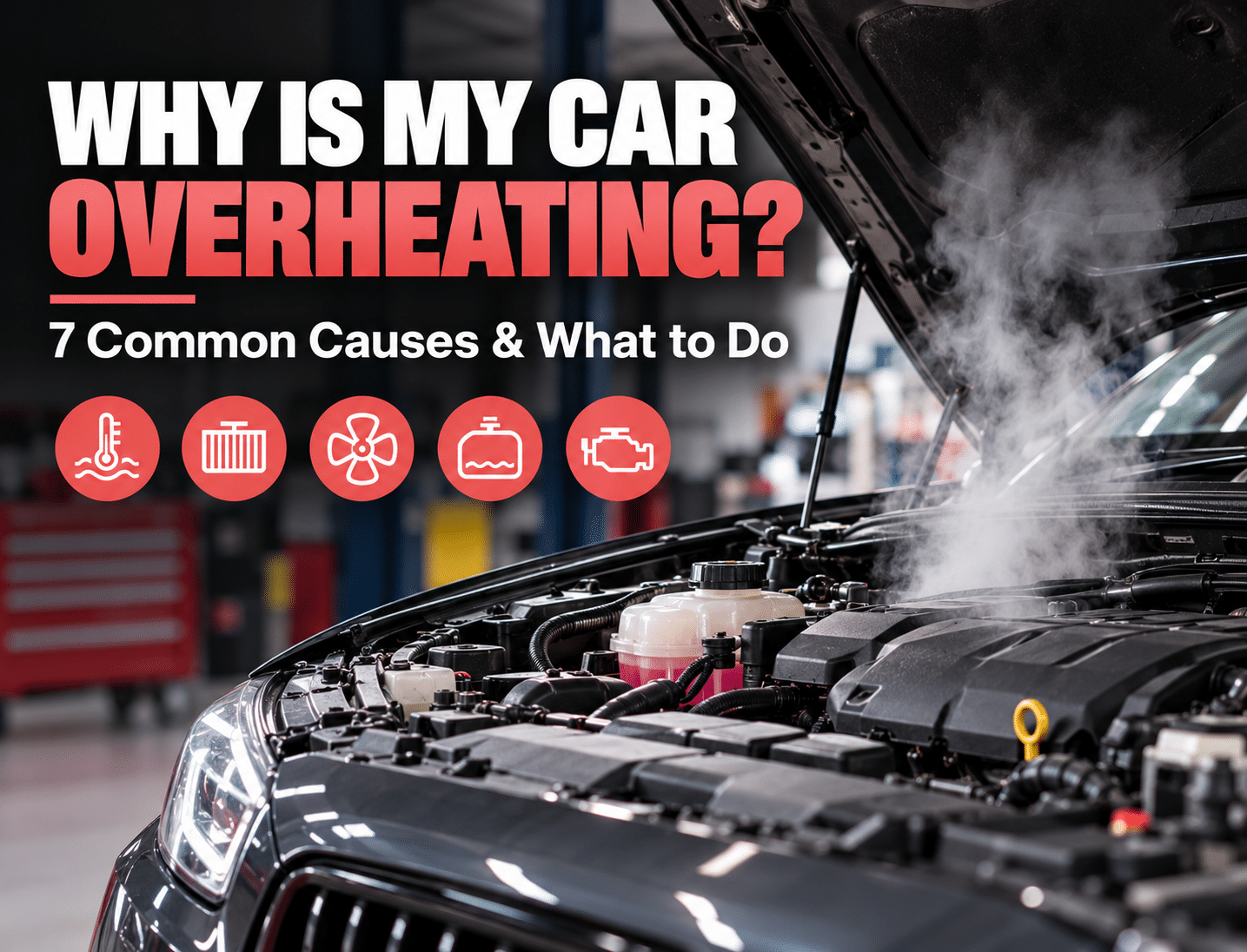 Car engine overheating with steam rising from the bonnet, illustrating common cooling system problems and engine overheating warning signs.